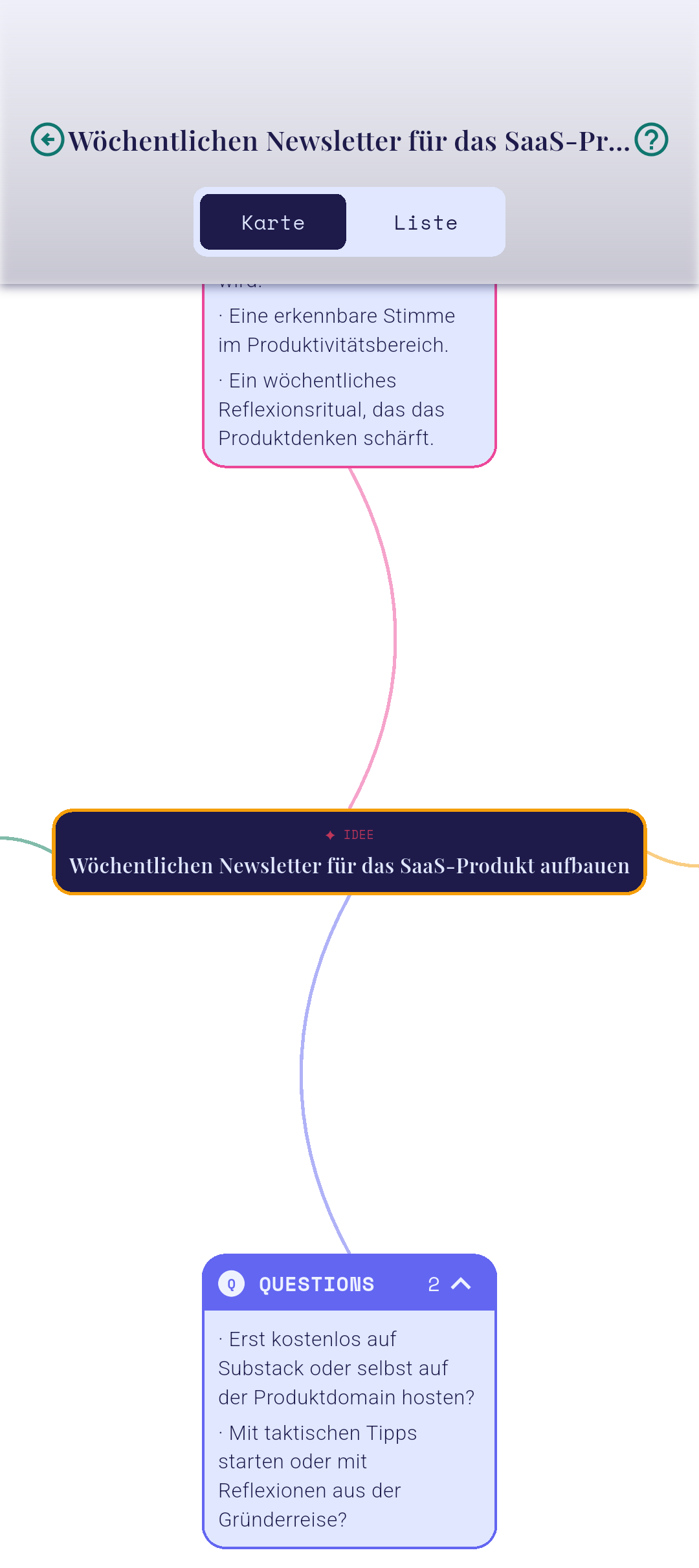 Brainstorm-Screen mit Erweiterungsabschnitten
