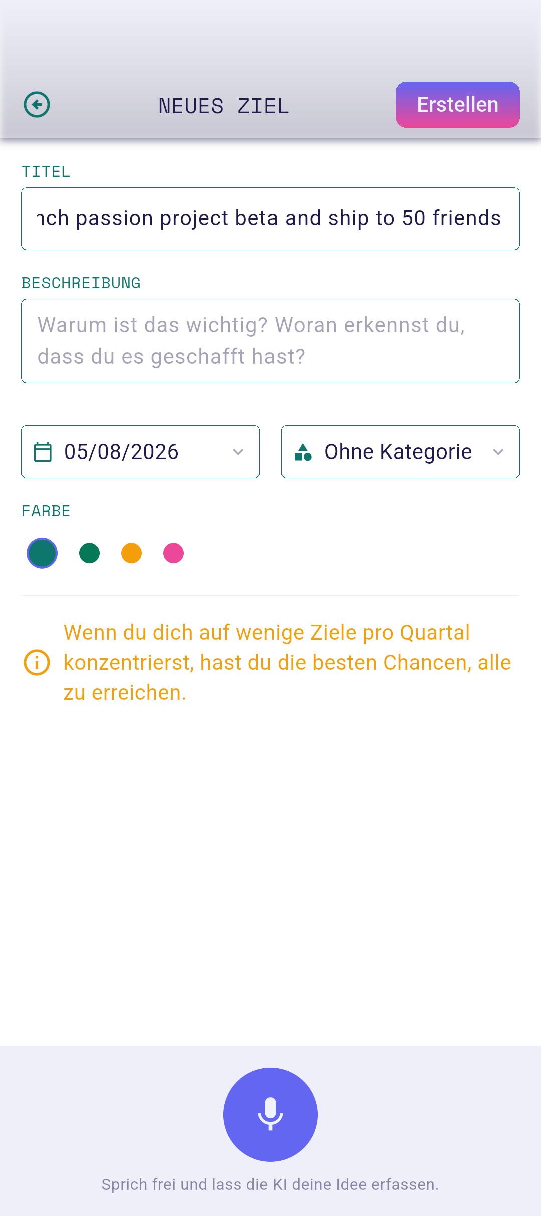 Ziel-Bearbeitungsscreen mit ausgefülltem Titel