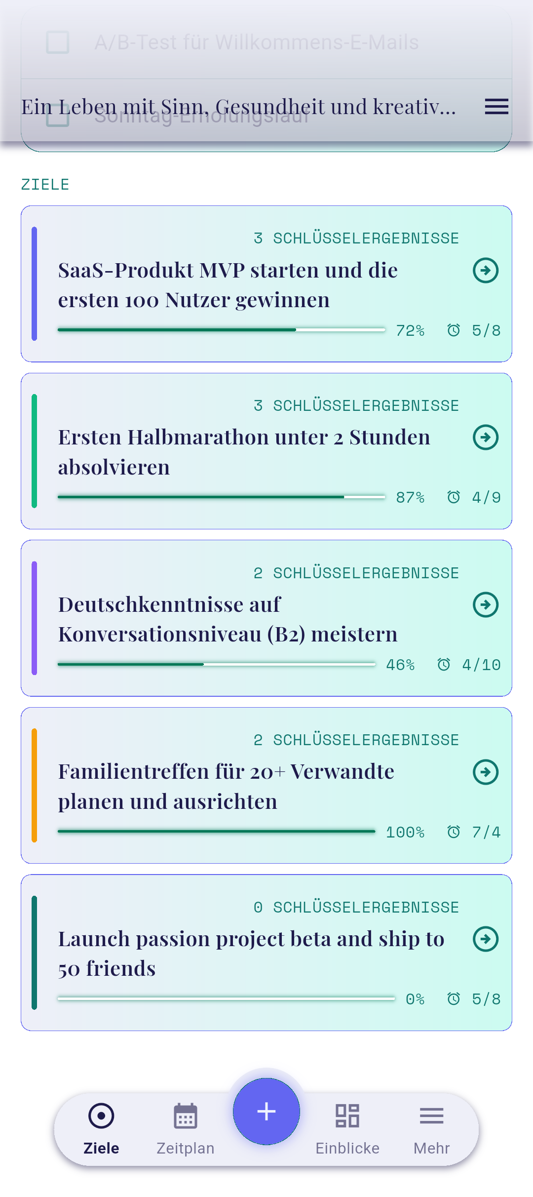 Neu erstelltes Ziel auf dem Homescreen
