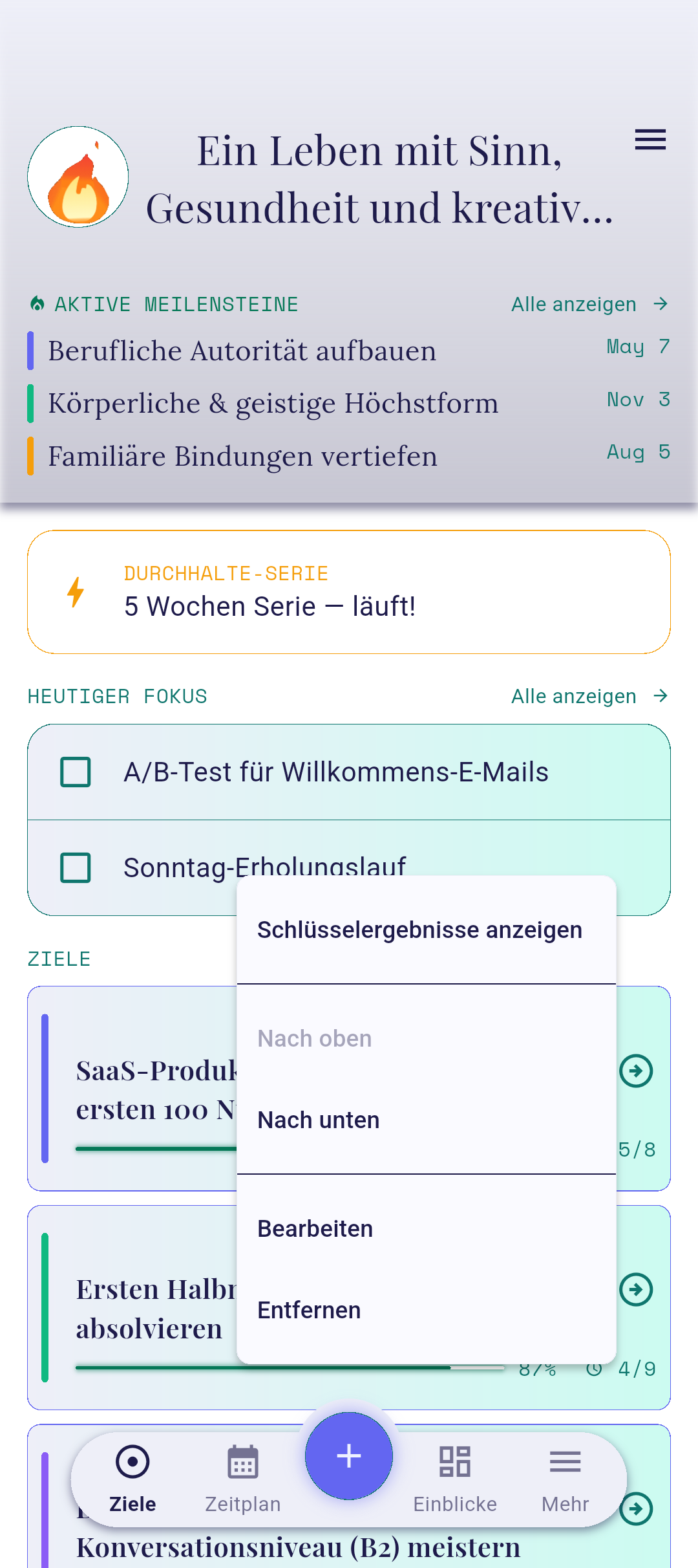 Kontextmenü über einer Zielkarte geöffnet