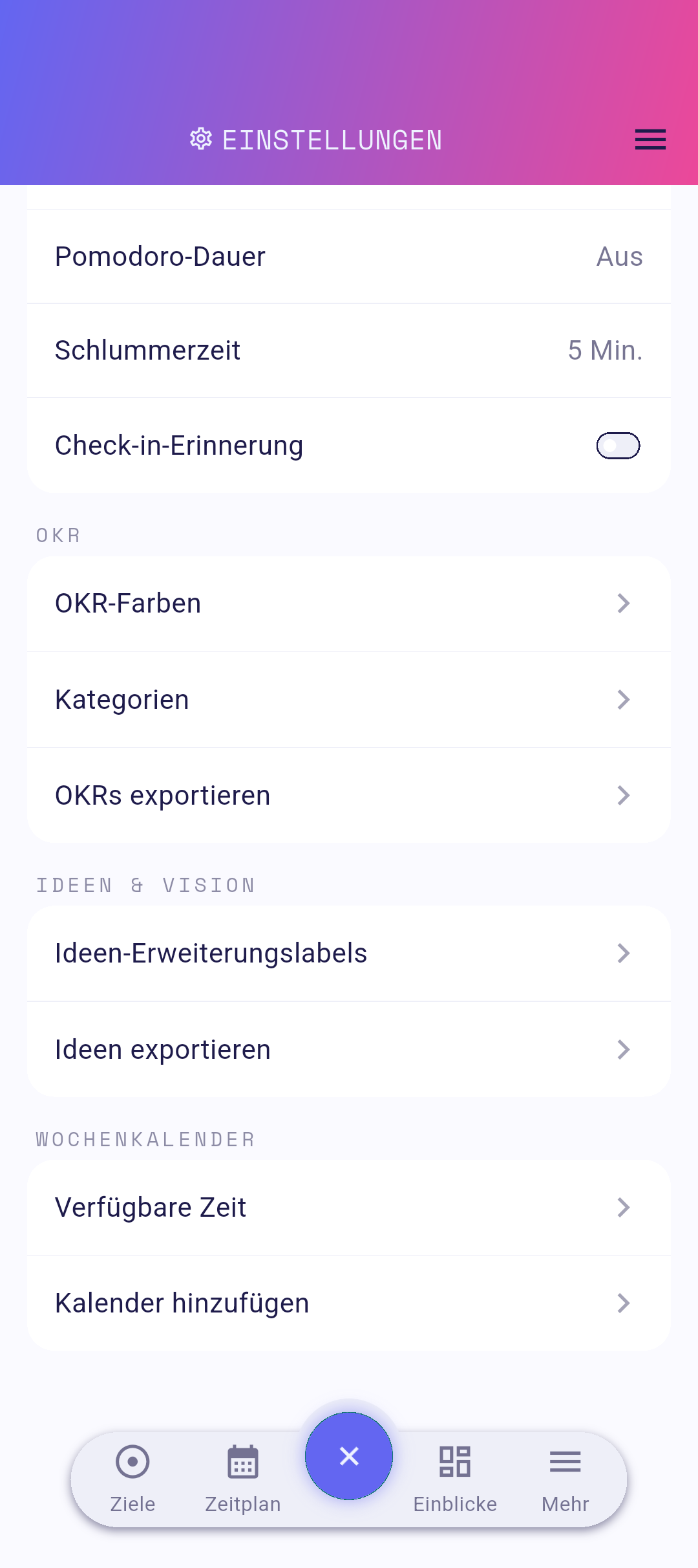 Einstellungen mit hervorgehobener Option „Verfügbare Zeit"