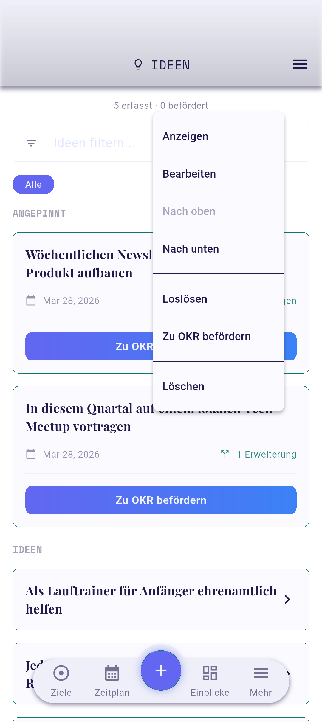 Ideen-Kontextmenü mit „Zu OKR umwandeln"