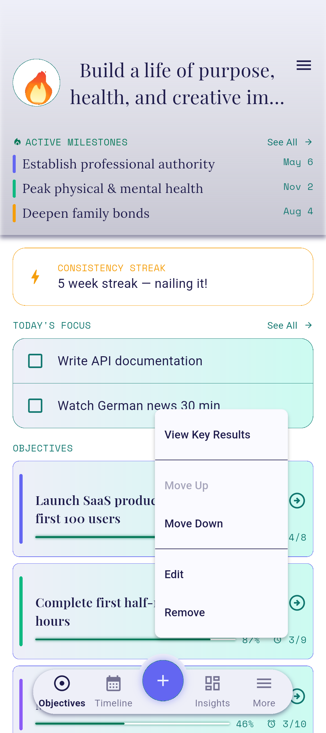 Home objective context menu with View Key Results highlighted