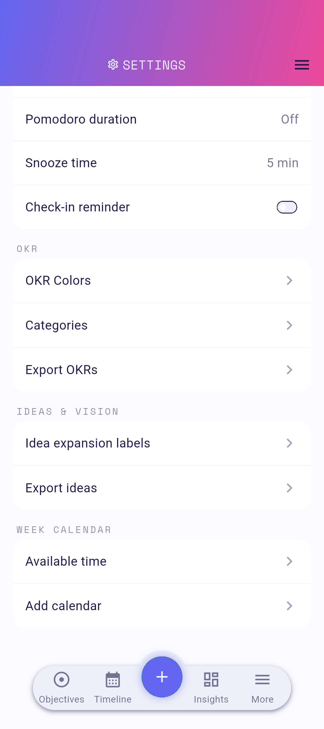 Export OKRs row in settings
