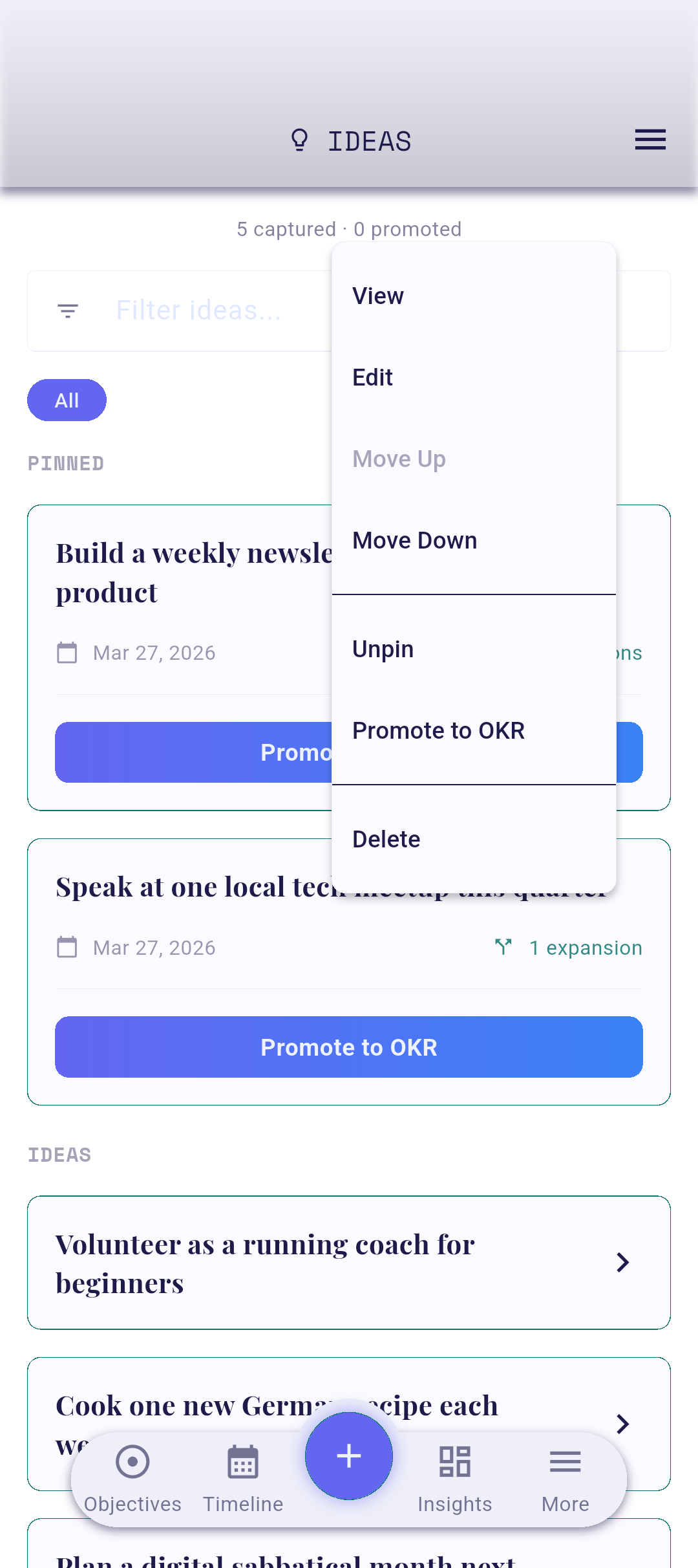 Idea context menu with Promote to OKR