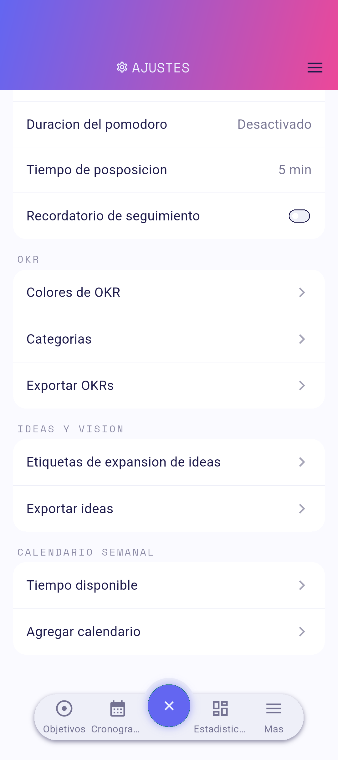 Configuración con Tiempo disponible resaltado
