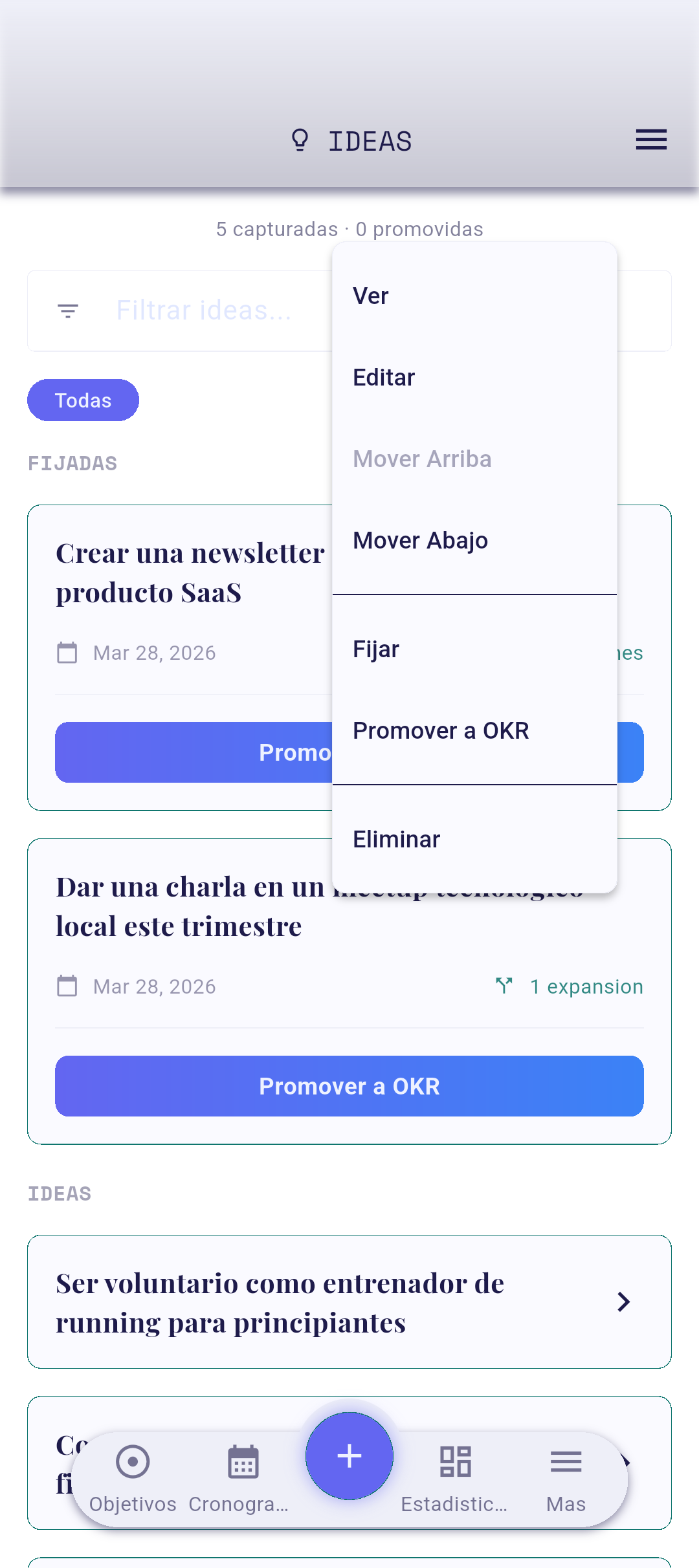 Menú contextual de la idea con Fijar resaltado