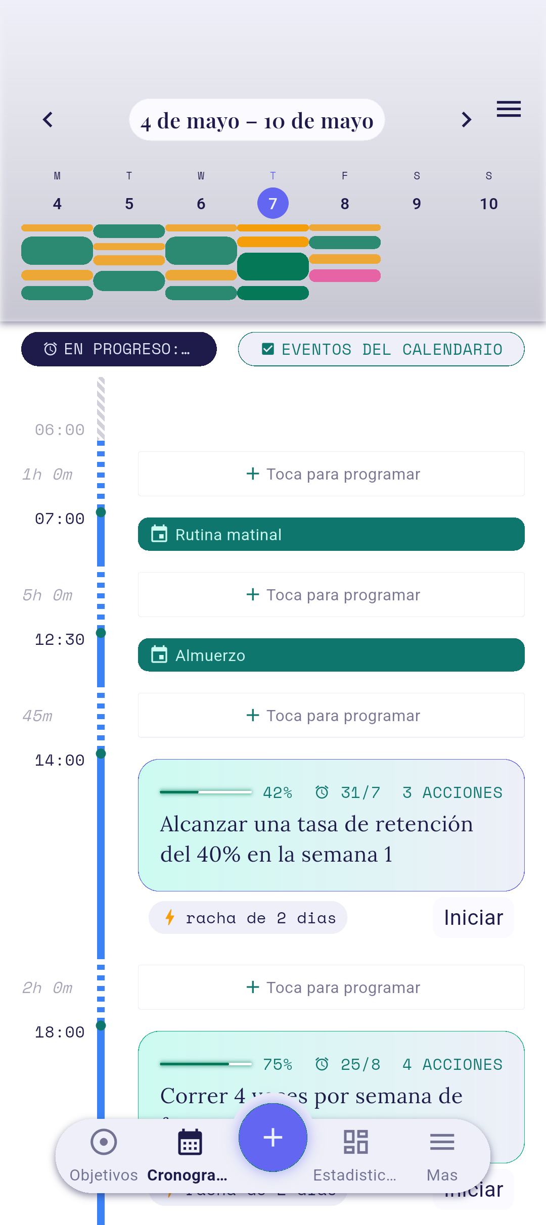 Pantalla del Cronograma con el botón +
