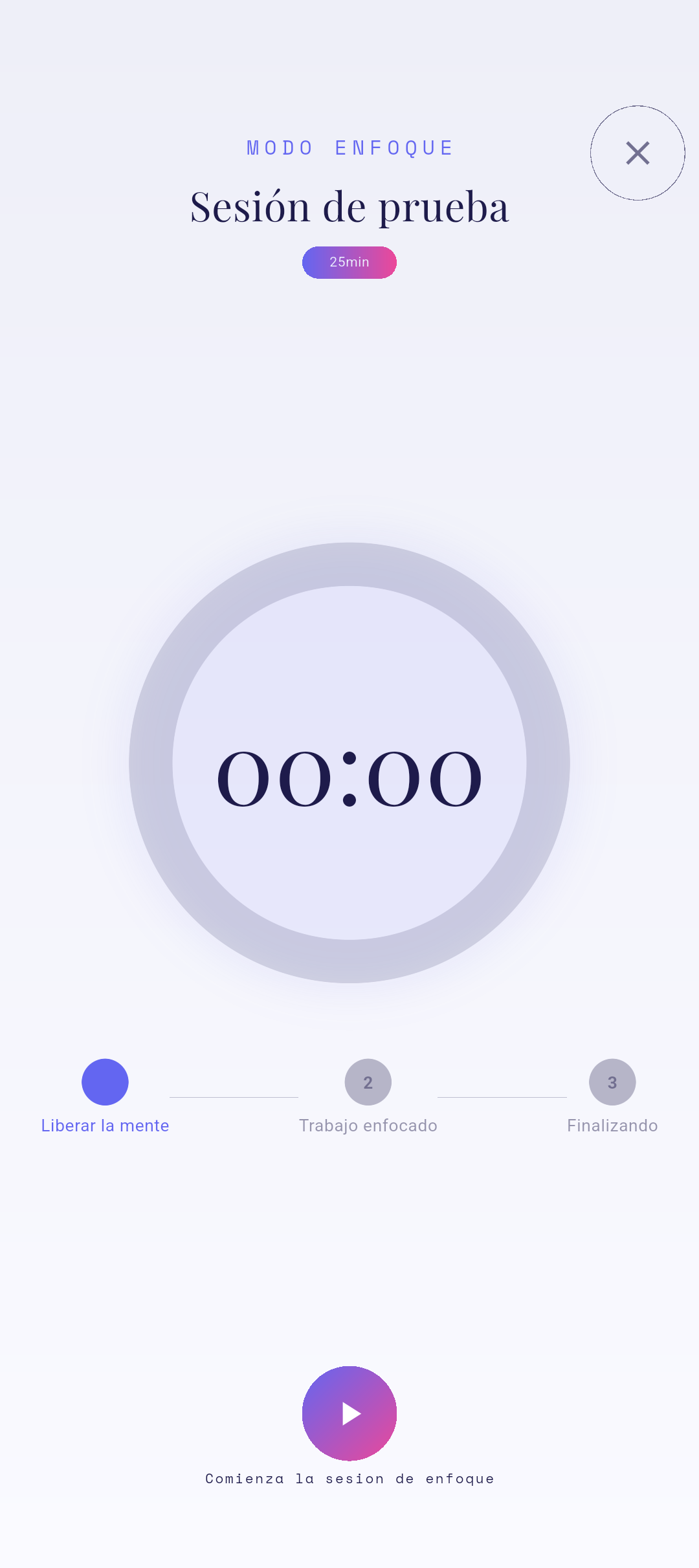 Pantalla de Enfoque con la cuenta regresiva del Pomodoro