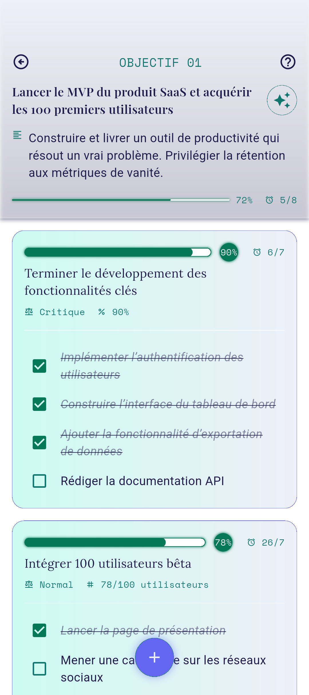 Écran Résultats clés avec le bouton + visible