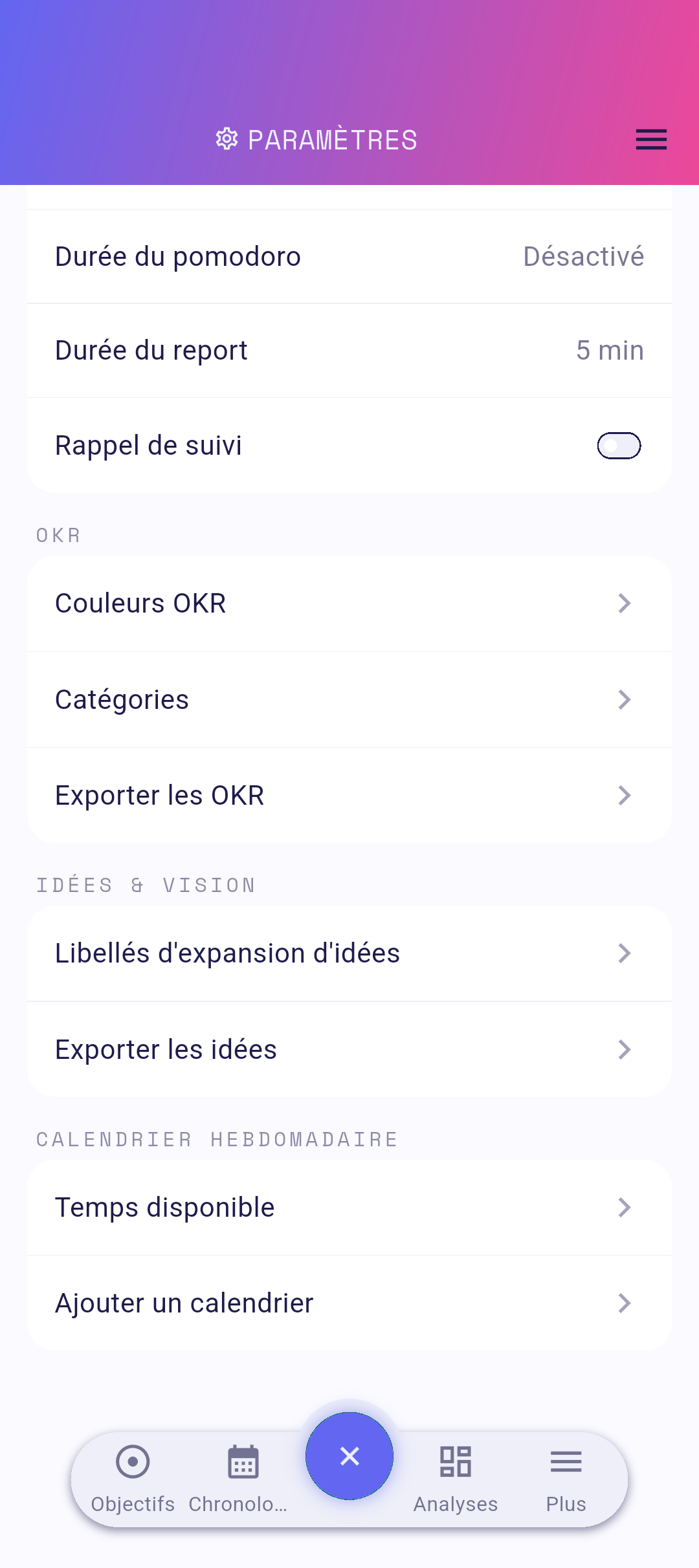 Paramètres avec Temps disponible mis en évidence