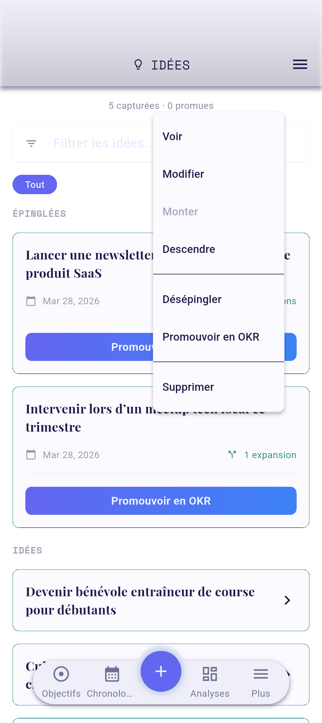 Menu contextuel de l'idée avec Promouvoir en OKR