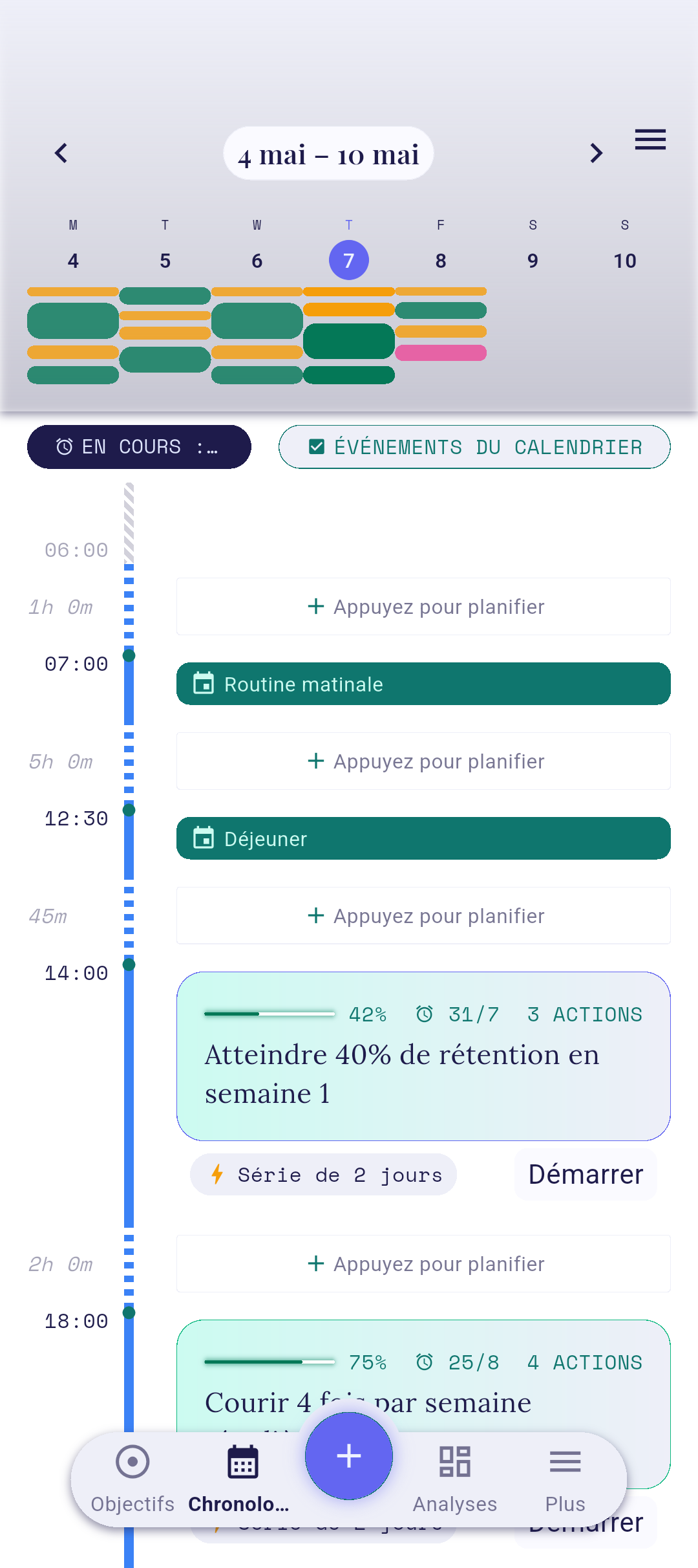 Écran Timeline avec le bouton +