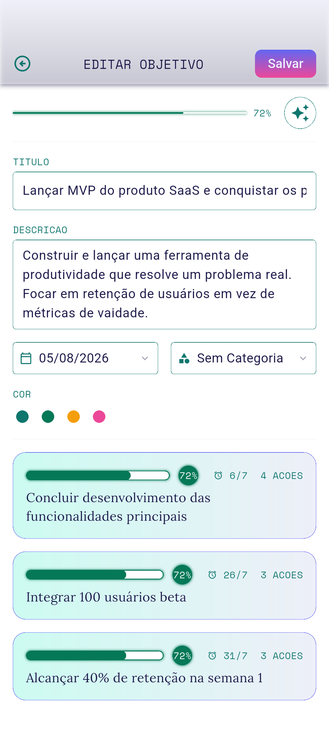 Seletor aberto com categorias listadas