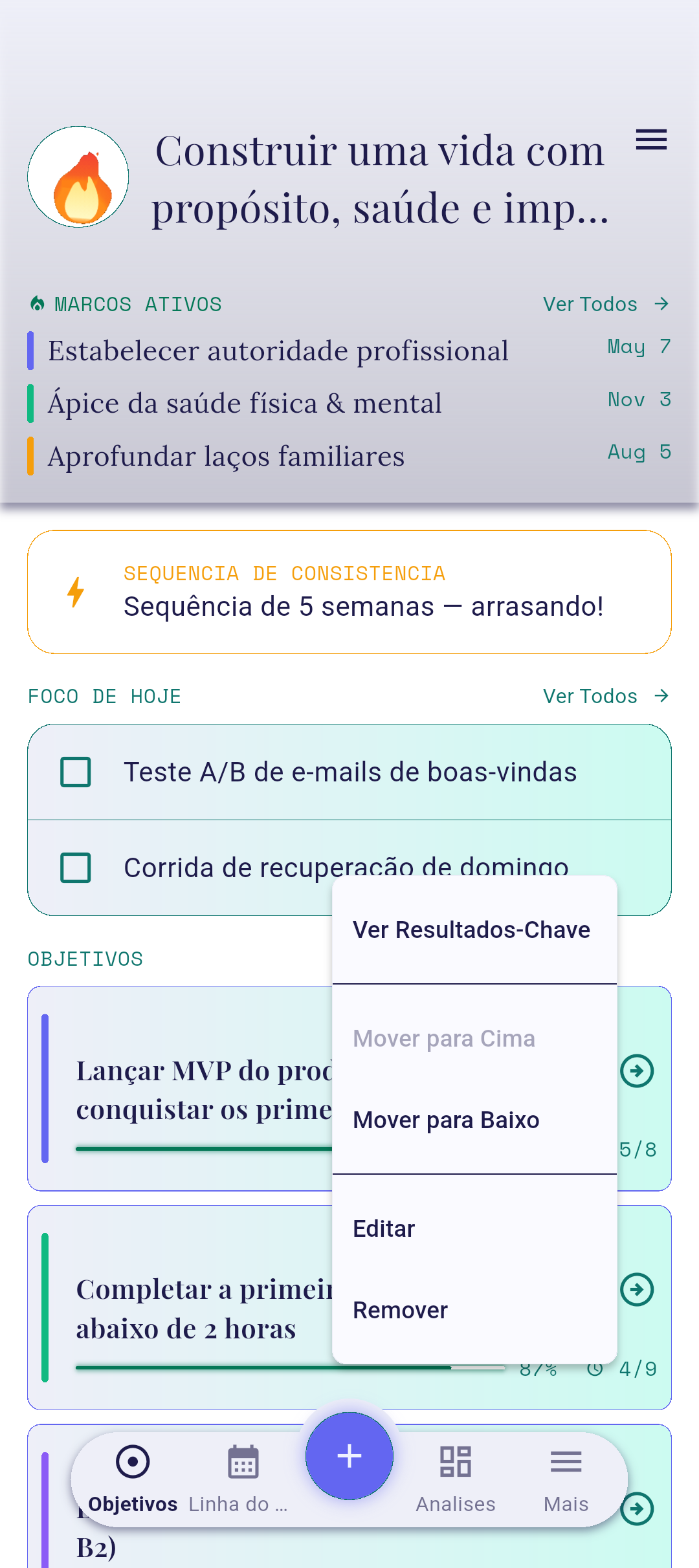 Menu de contexto do objetivo com Ver Resultados-chave destacado
