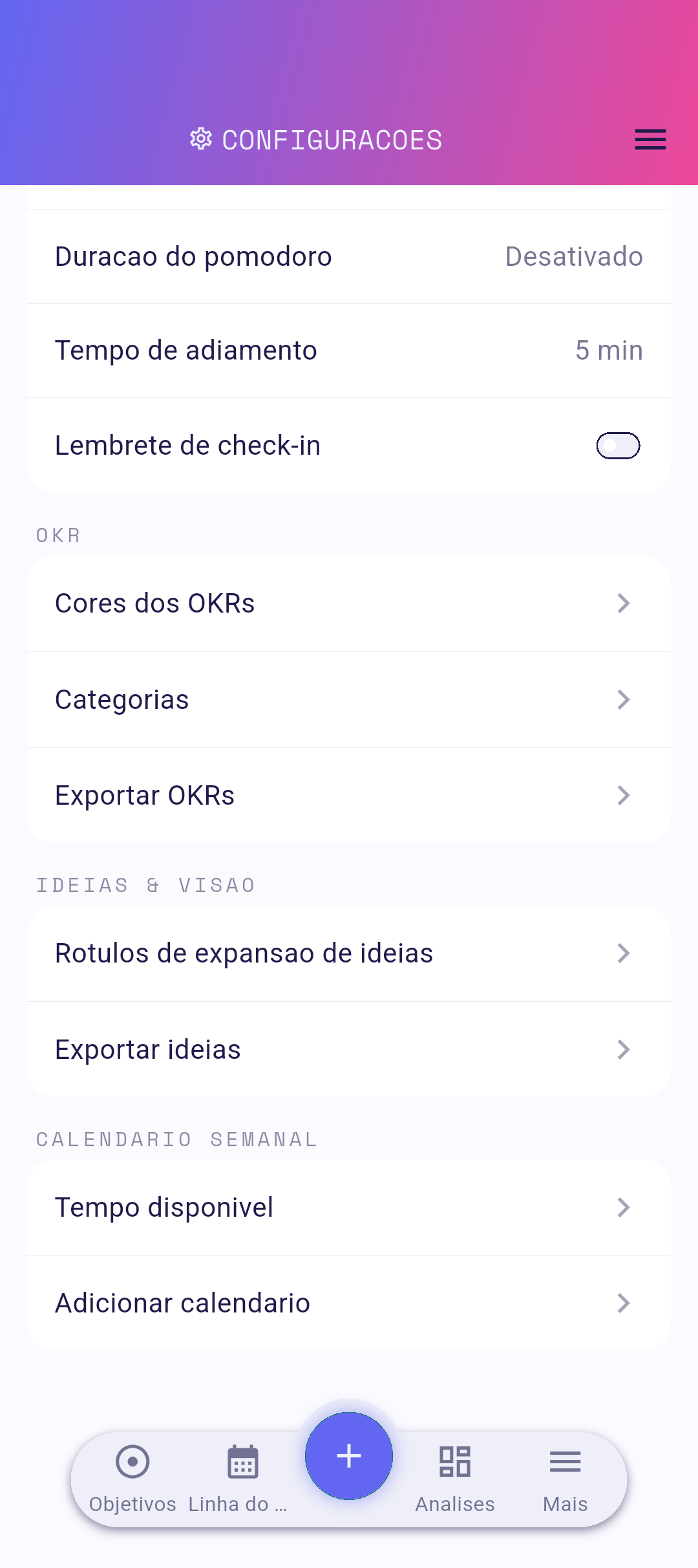 Linha Exportar Ideias nas configurações