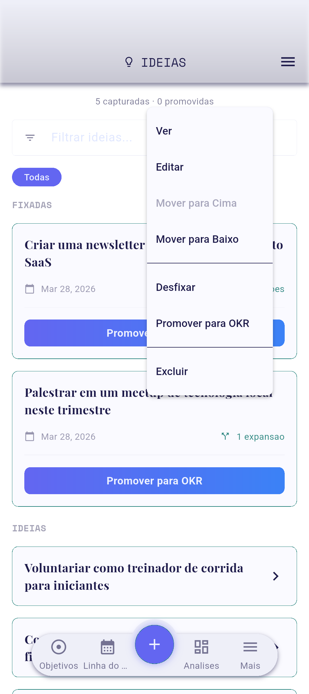 Menu de contexto de ideia com Promover para OKR