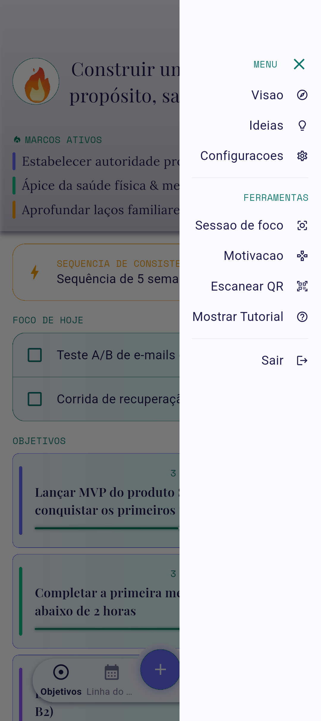 Menu lateral com o botão de repetição