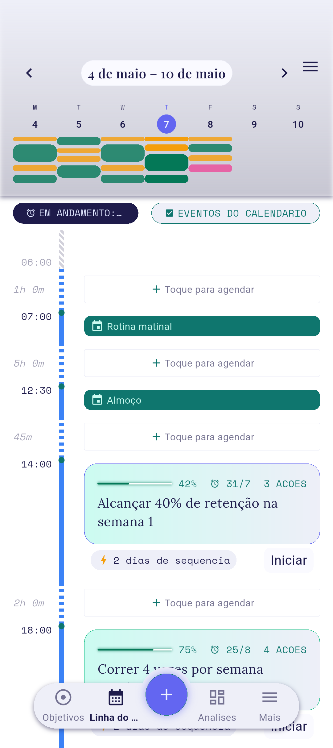 Tela da Linha do tempo com o botão +