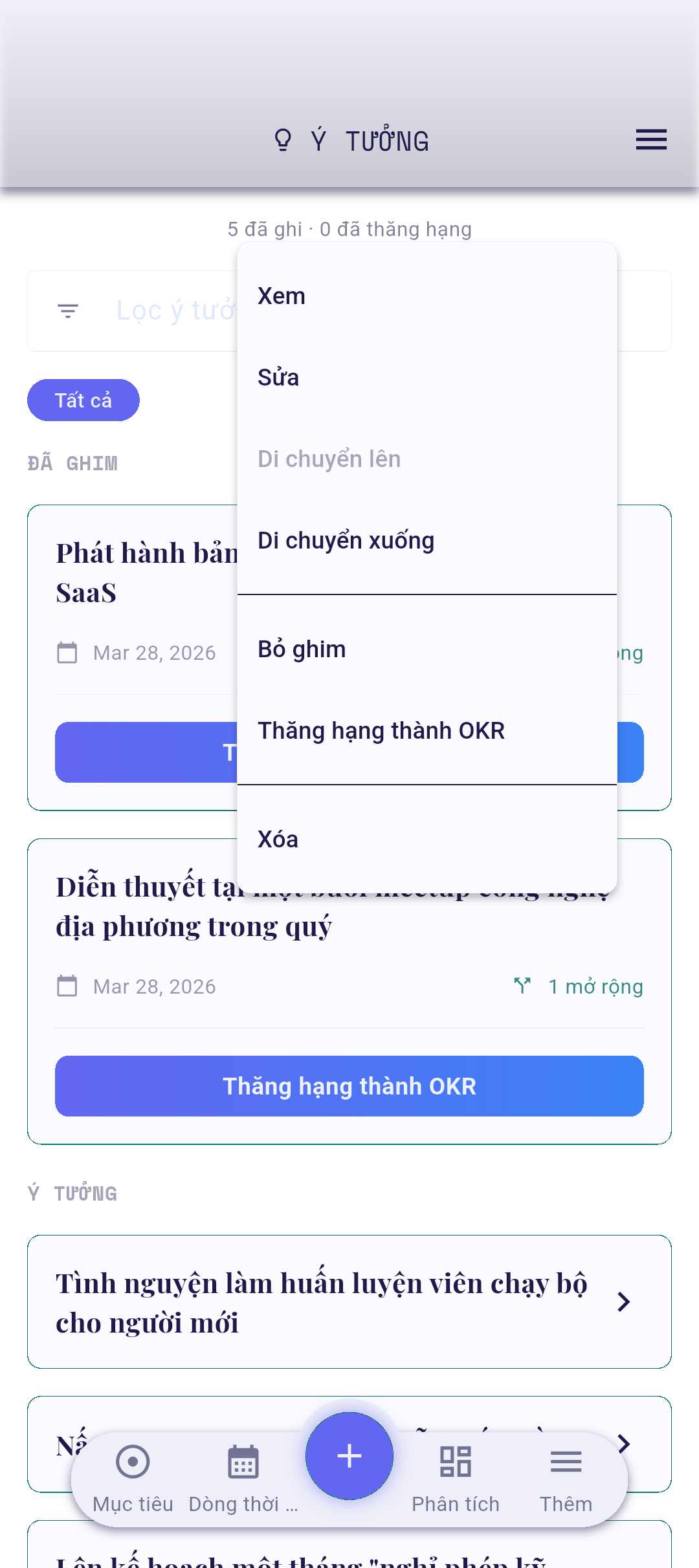 Menu ngữ cảnh thẻ ý tưởng với Xem được làm nổi bật