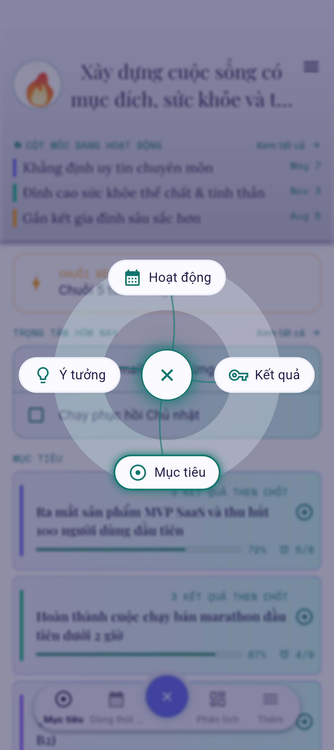 Nút QuickPlus với tùy chọn Kết quả then chốt được làm nổi bật